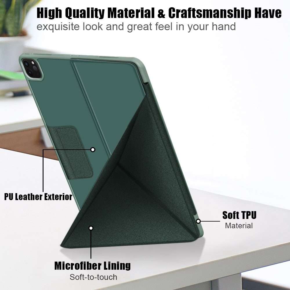For iPad Pro 12.9 2022 / 2021 Multi-folding Horizontal Flip PU Leather Shockproof ... (Dark Green)