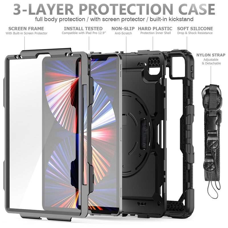 For iPad Pro 12.9 2022 / 2021 / 2020 / 2018 Shockproof Colorful Silicone + PC Prot ... (All Black)