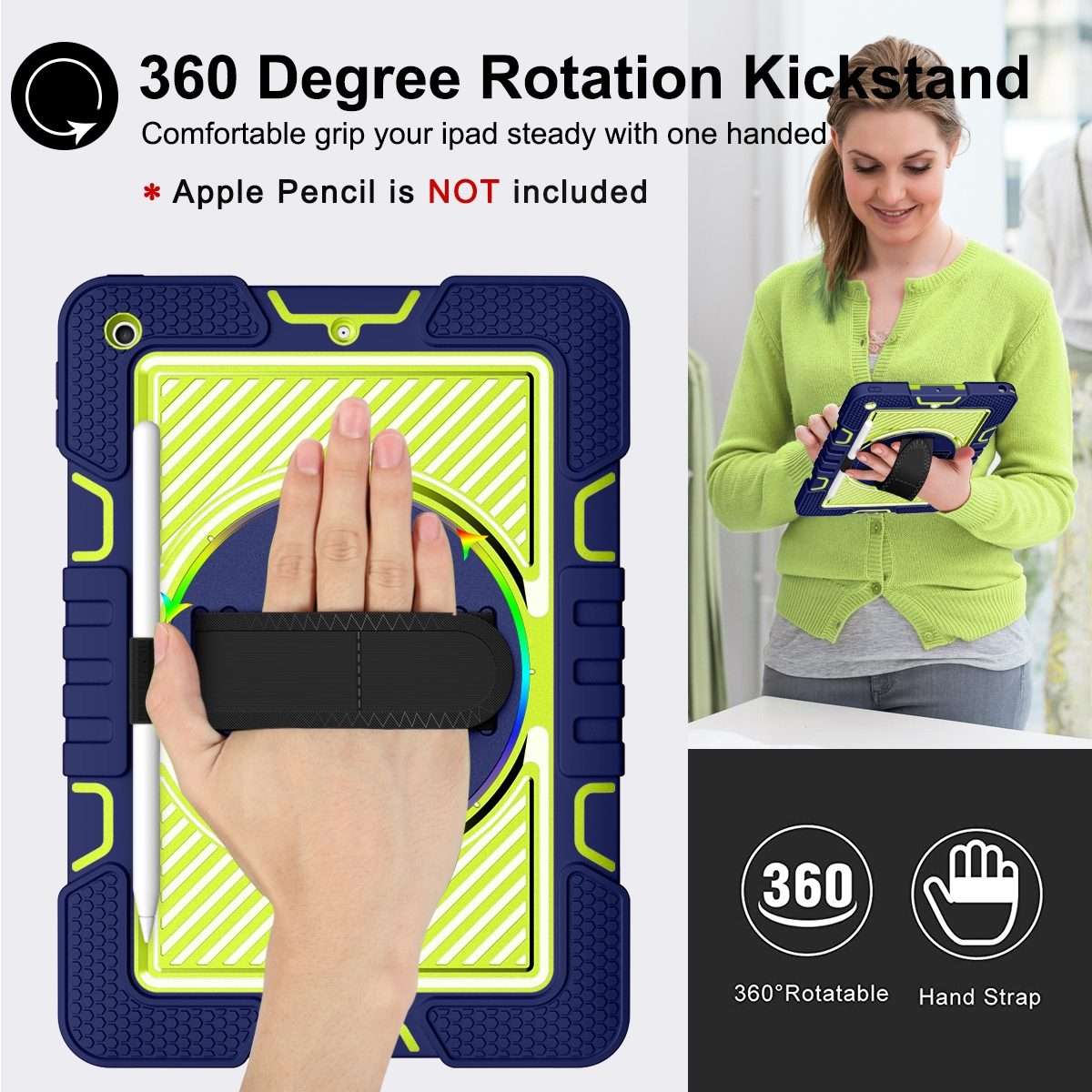 360 Degree Rotation Contrast Color Shockproof Silicone + PC Case with Hold ... (Navy+Yellow Green)
