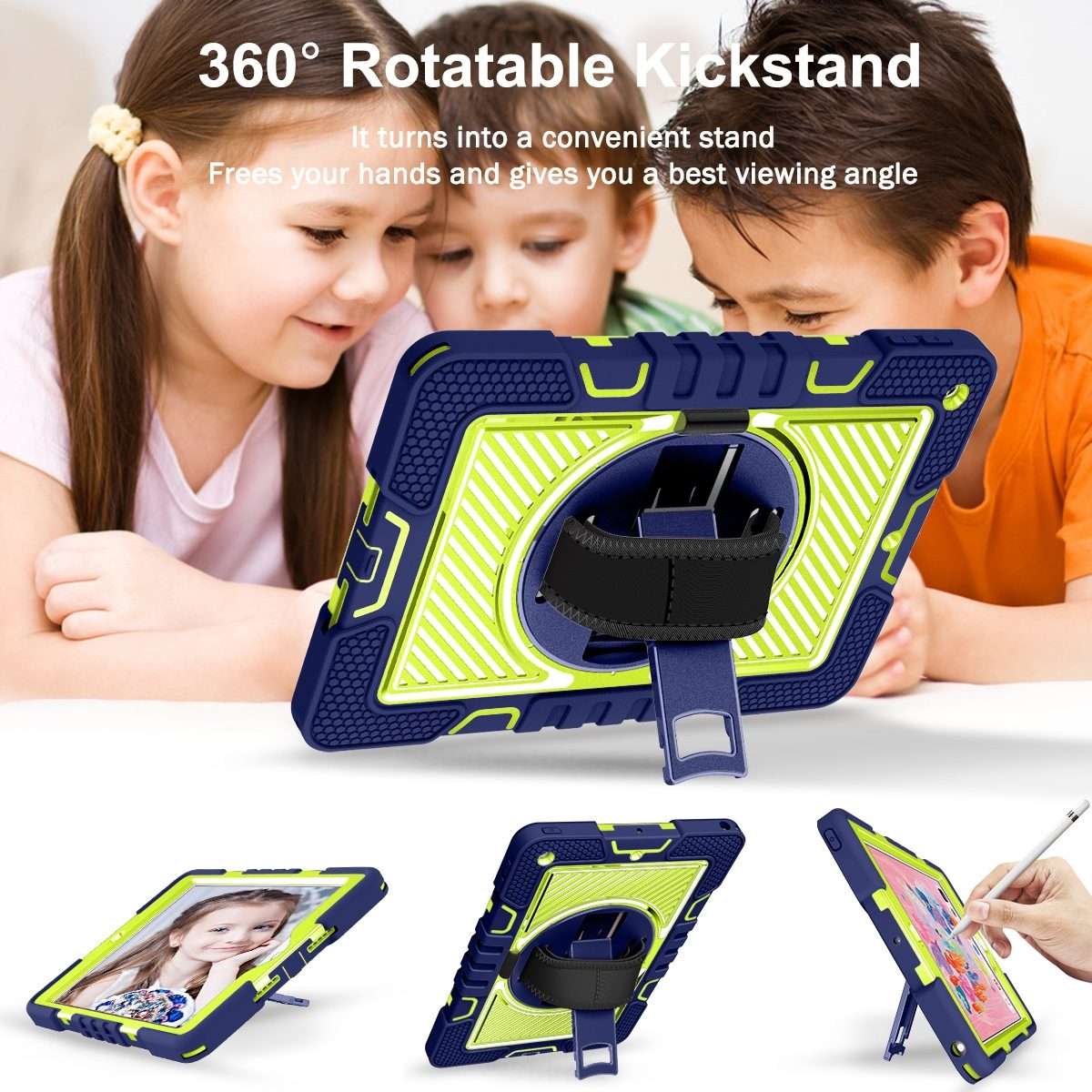360 Degree Rotation Contrast Color Shockproof Silicone + PC Case with Hold ... (Navy+Yellow Green)