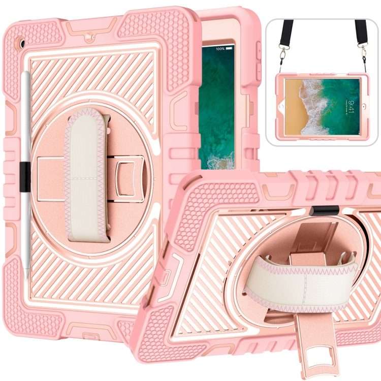 For iPad 9.7 2018 / 2017 360 Degree Rotation Contrast Color Shockproof Silicone + ... (Rose Gold)