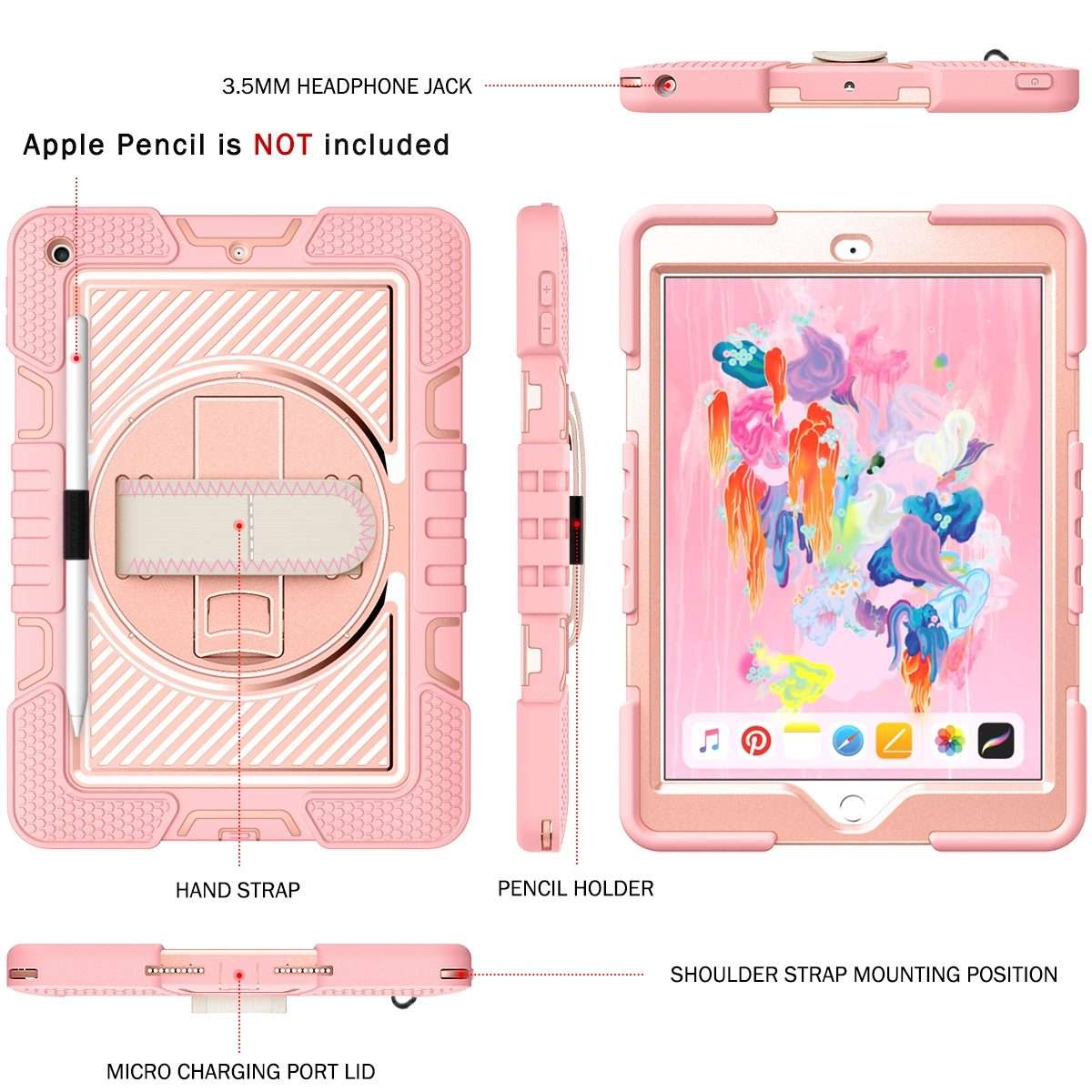 For iPad 9.7 2018 / 2017 360 Degree Rotation Contrast Color Shockproof Silicone + ... (Rose Gold)