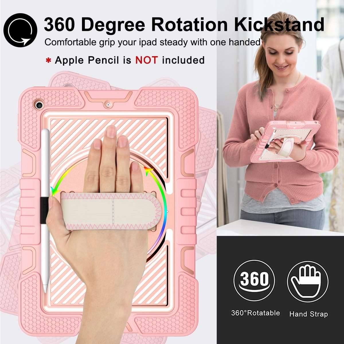 For iPad 9.7 2018 / 2017 360 Degree Rotation Contrast Color Shockproof Silicone + ... (Rose Gold)