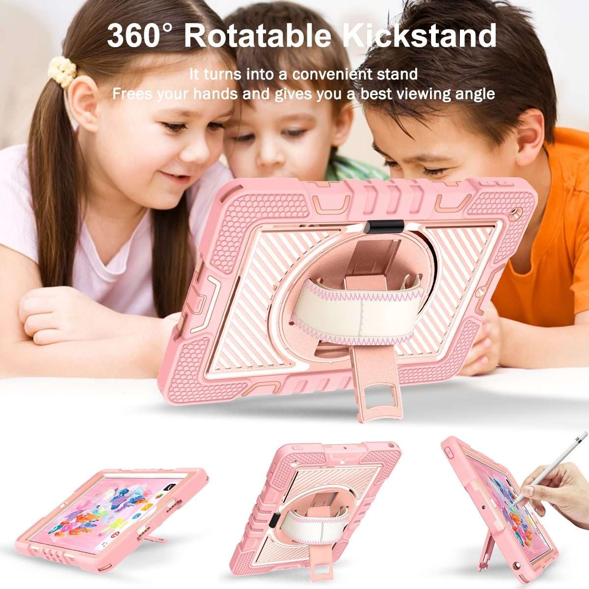 For iPad 9.7 2018 / 2017 360 Degree Rotation Contrast Color Shockproof Silicone + ... (Rose Gold)
