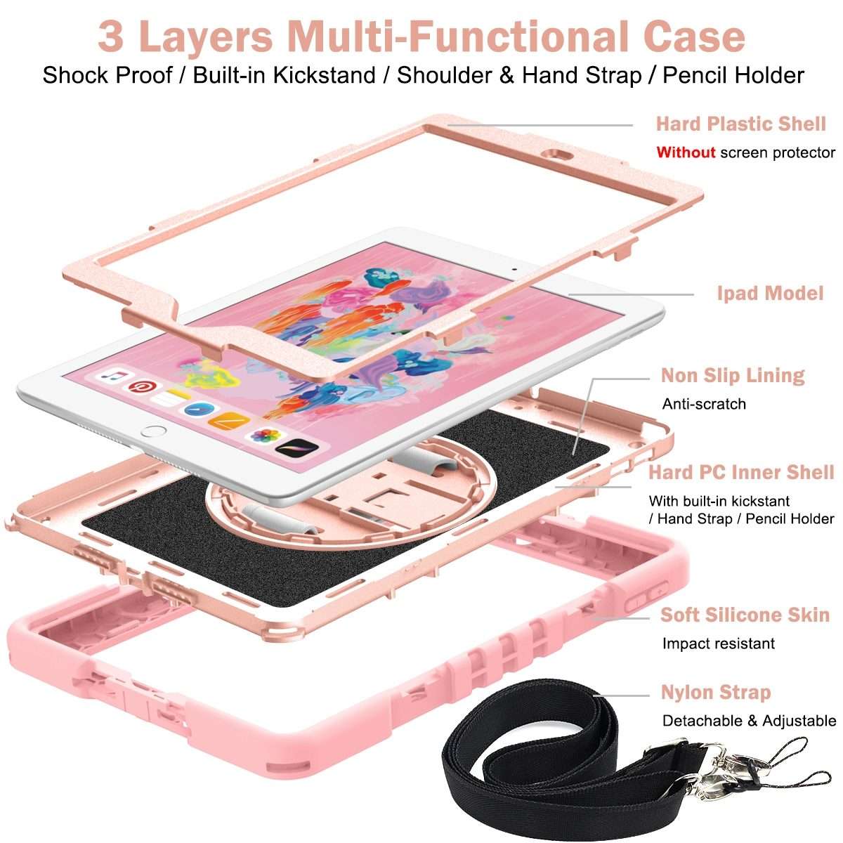 For iPad 9.7 2018 / 2017 360 Degree Rotation Contrast Color Shockproof Silicone + ... (Rose Gold)