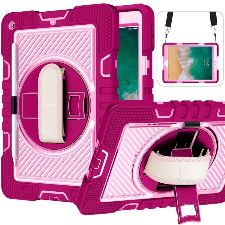 360 Degree Rotation Contrast Color Shockproof Silicone + PC Case with Holder & ... (Rose Red+Pink)