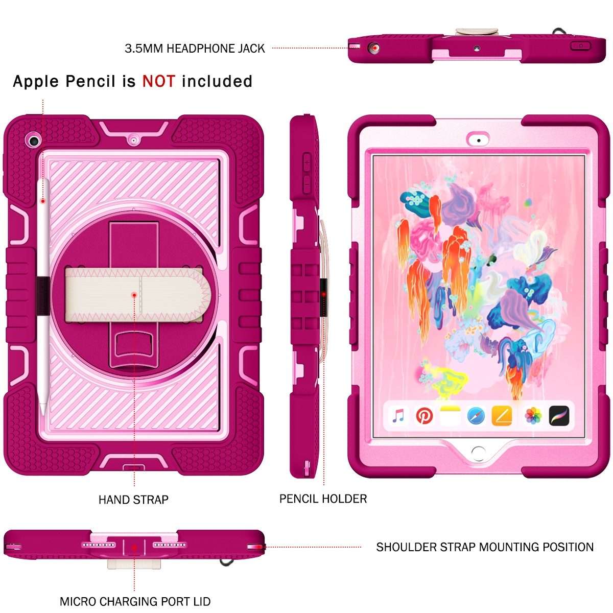 360 Degree Rotation Contrast Color Shockproof Silicone + PC Case with Holder & ... (Rose Red+Pink)