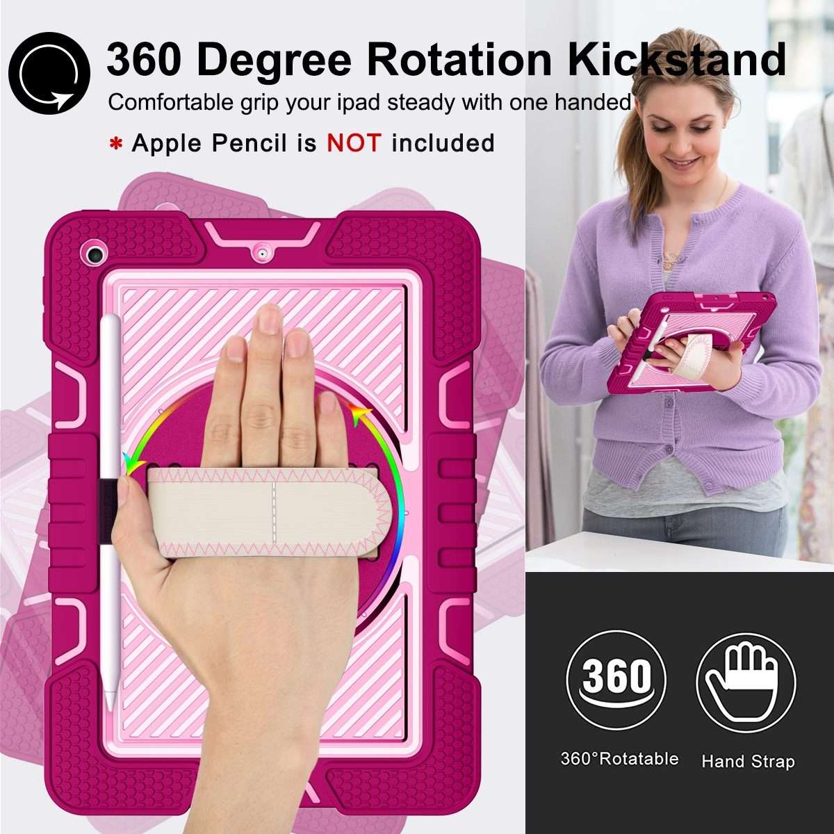 360 Degree Rotation Contrast Color Shockproof Silicone + PC Case with Holder & ... (Rose Red+Pink)