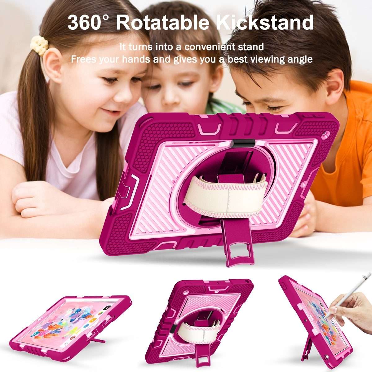 360 Degree Rotation Contrast Color Shockproof Silicone + PC Case with Holder & ... (Rose Red+Pink)