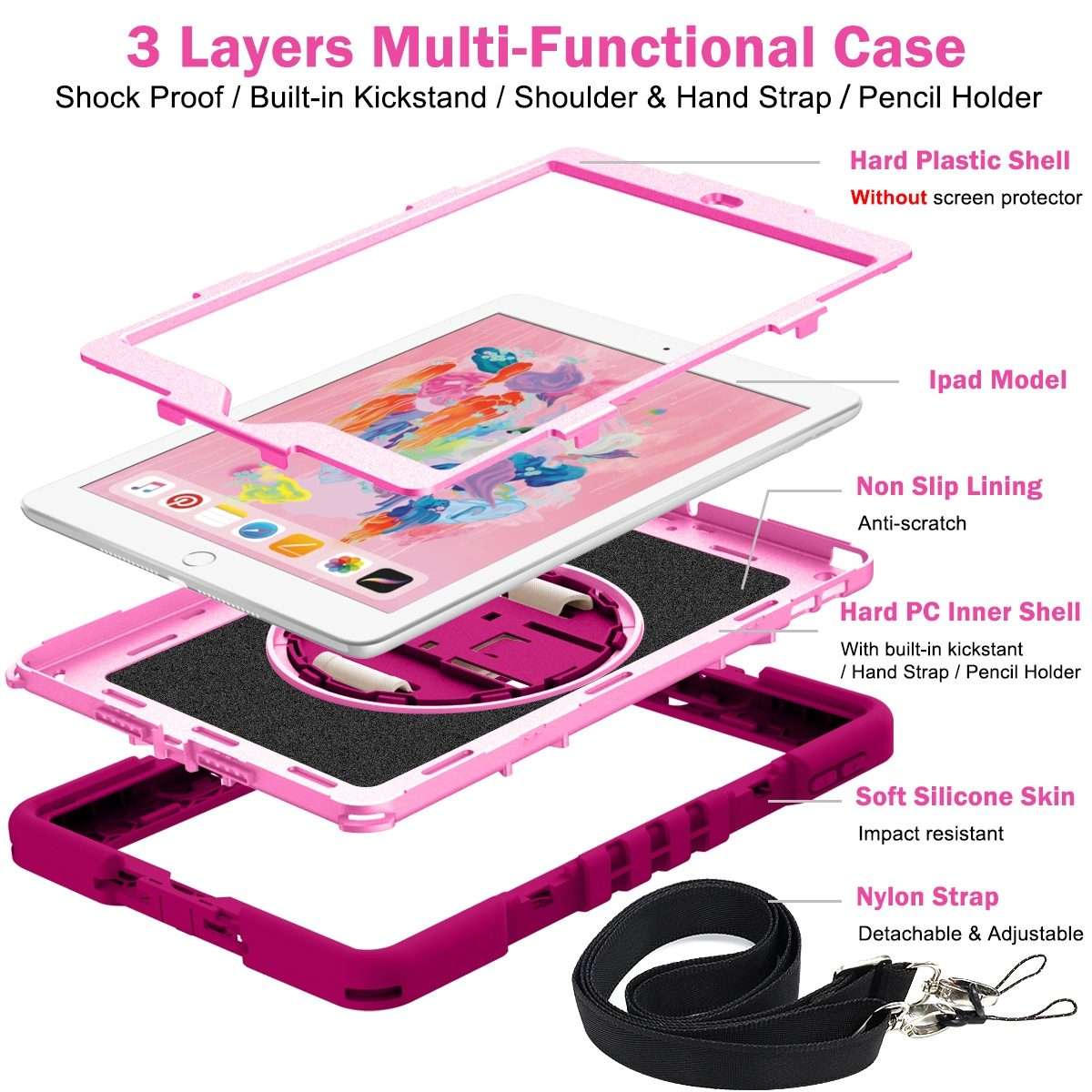 360 Degree Rotation Contrast Color Shockproof Silicone + PC Case with Holder & ... (Rose Red+Pink)
