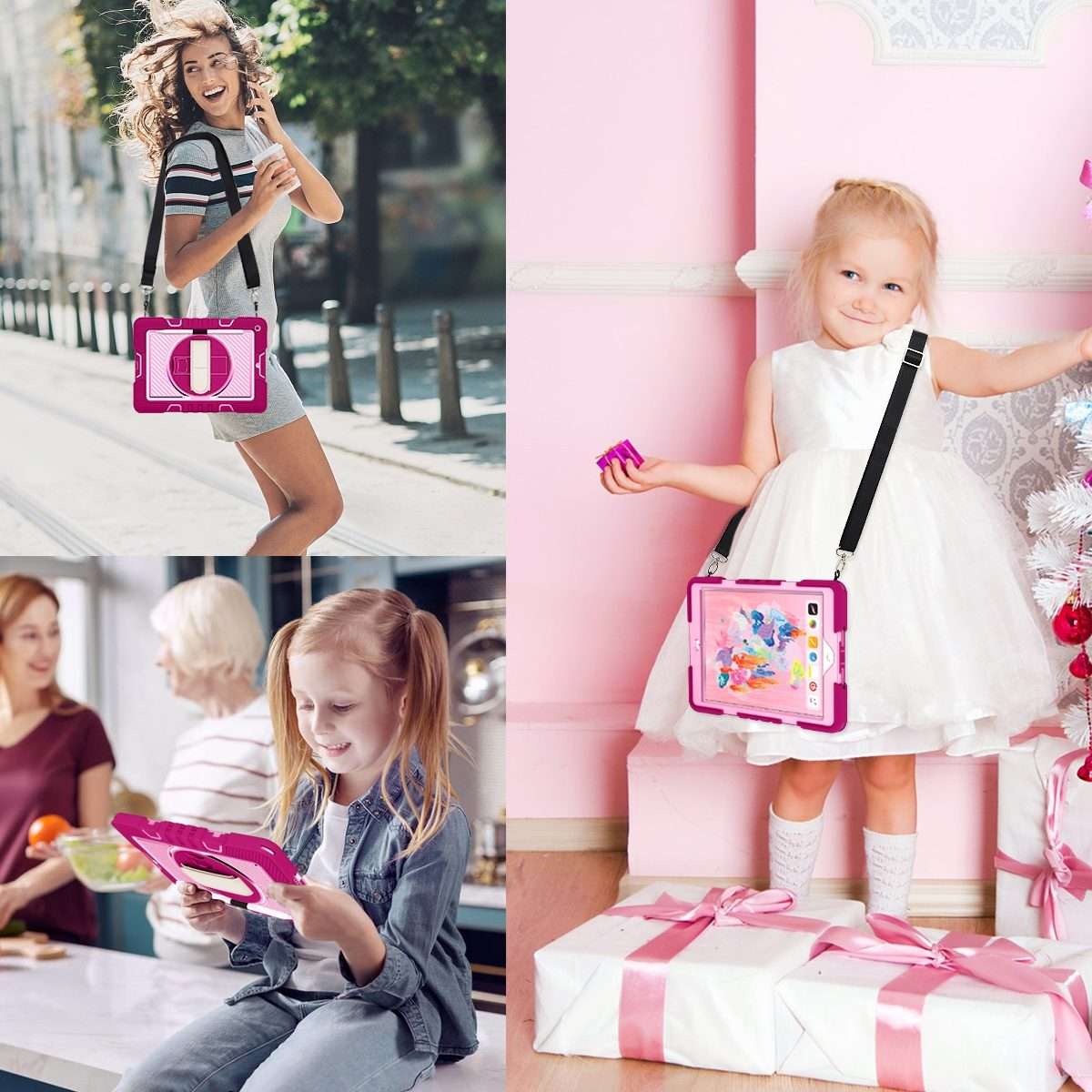 360 Degree Rotation Contrast Color Shockproof Silicone + PC Case with Holder & ... (Rose Red+Pink)
