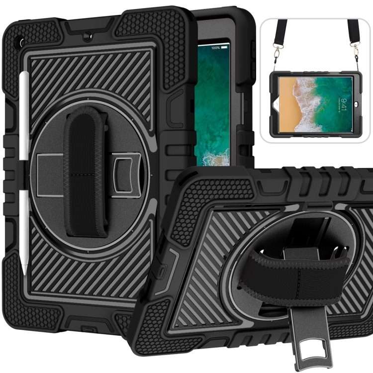 360 Degree Rotation Contrast Color Shockproof Silicone + PC Case with Holder & Hand Gr ... (Black)