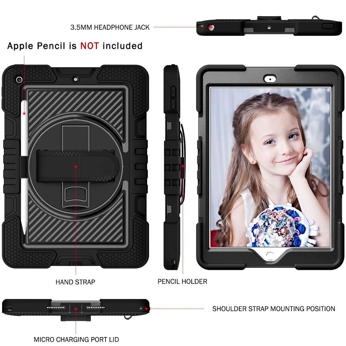 360 Degree Rotation Contrast Color Shockproof Silicone + PC Case with Holder & Hand Gr ... (Black)