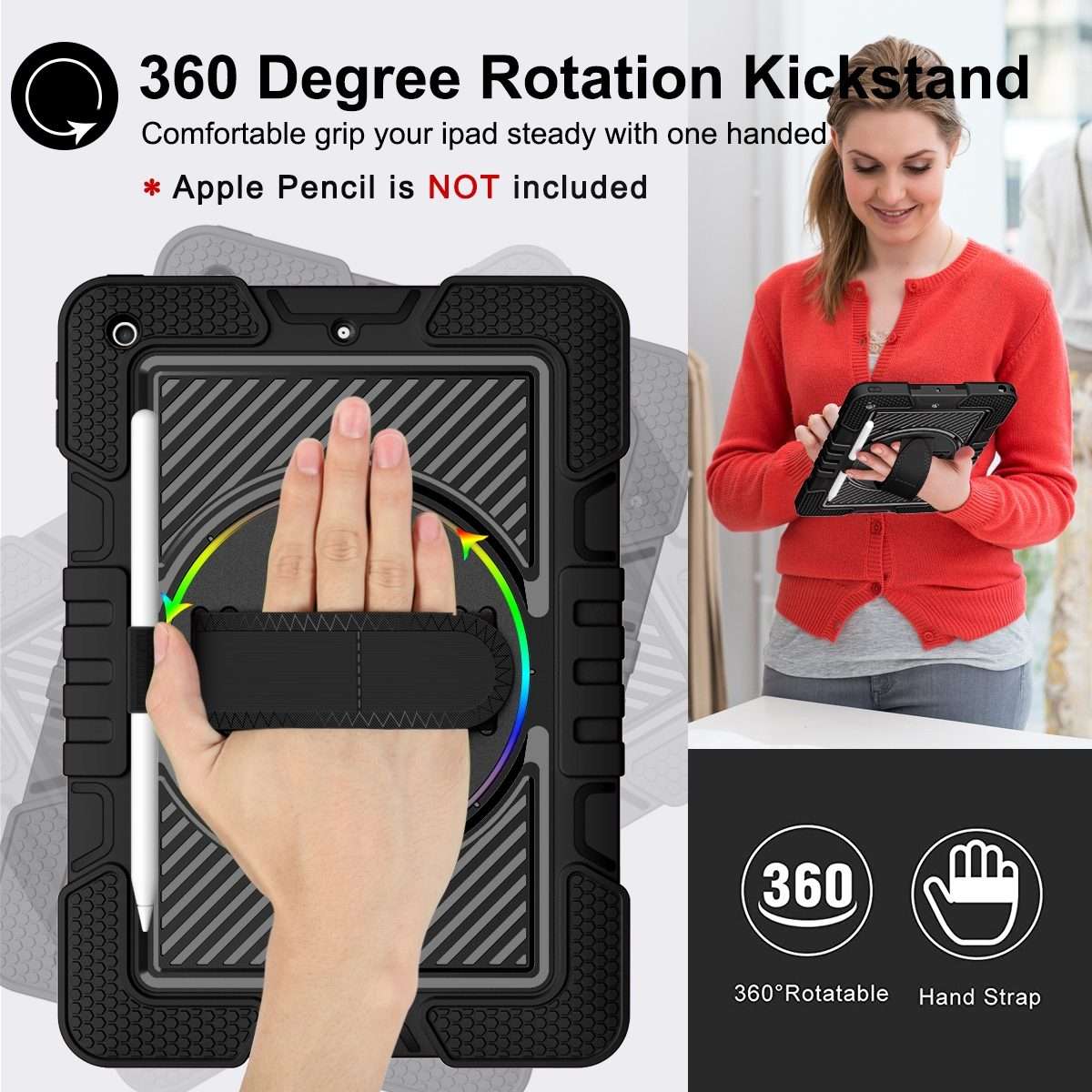 360 Degree Rotation Contrast Color Shockproof Silicone + PC Case with Holder & Hand Gr ... (Black)