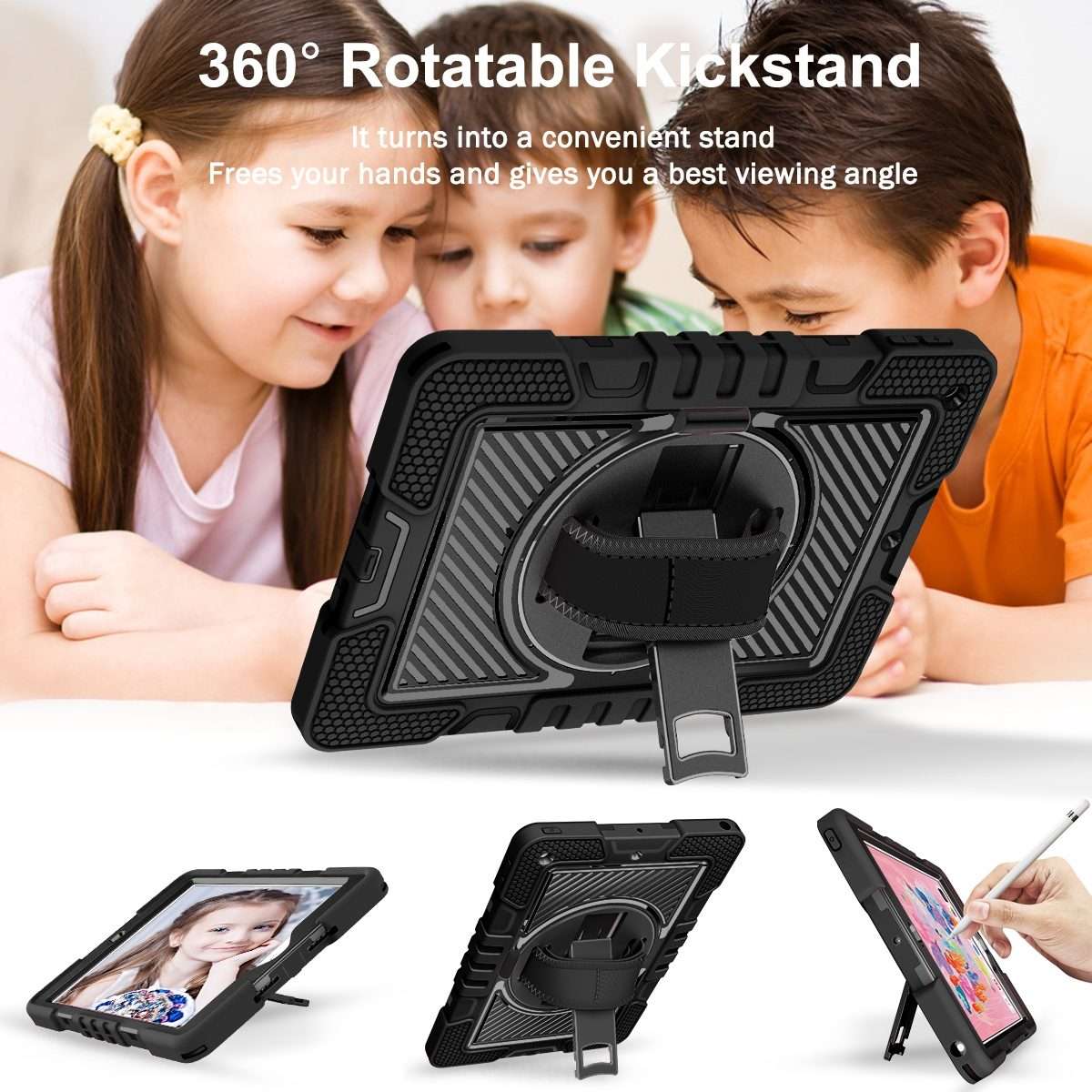 360 Degree Rotation Contrast Color Shockproof Silicone + PC Case with Holder & Hand Gr ... (Black)