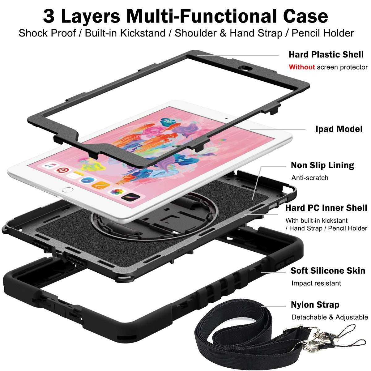 360 Degree Rotation Contrast Color Shockproof Silicone + PC Case with Holder & Hand Gr ... (Black)