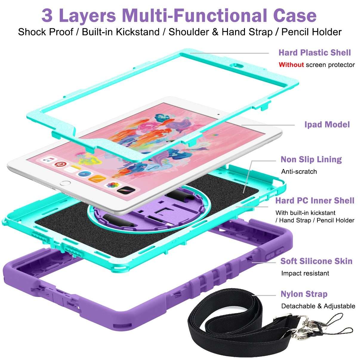 360 Degree Rotation Contrast Color Shockproof Silicone + PC Case with Ho ... (Purple + Mint Green)