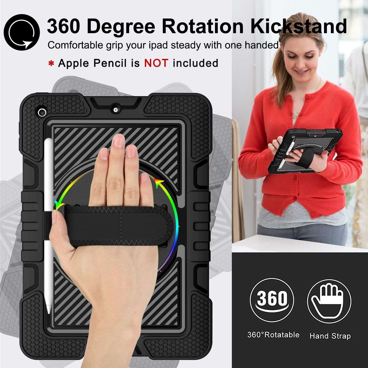 For iPad 10.2 2021 / 2020 / 2019 360 Degree Rotation Contrast Color Shockproof Silicon ... (Black)