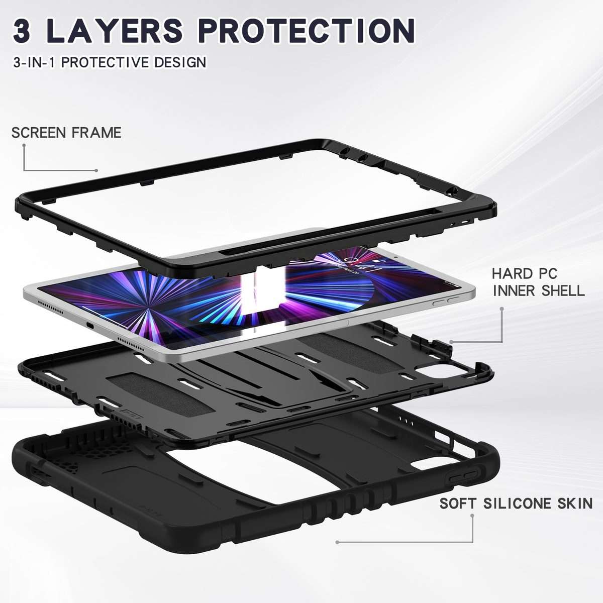For iPad Pro 11 2022 / 2021 / 2020 / 2018 3-Layer Protection Screen Frame + PC + ... (Black+Black)