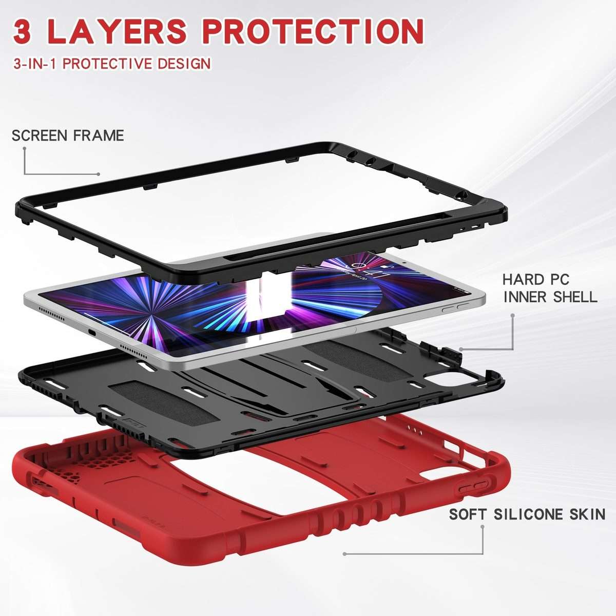 For iPad Pro 11 2022 / 2021 / 2020 / 2018 3-Layer Protection Screen Frame + PC + S ... (Red+Black)