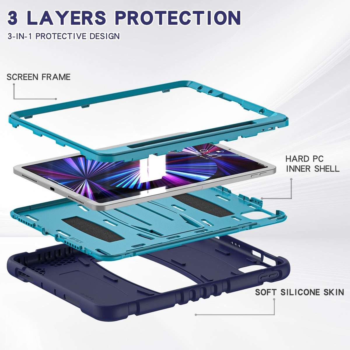 For iPad Pro 11 2022 / 2021 / 2020 / 2018 3-Layer Protection Screen Frame + PC ... (NavyBlue+Blue)