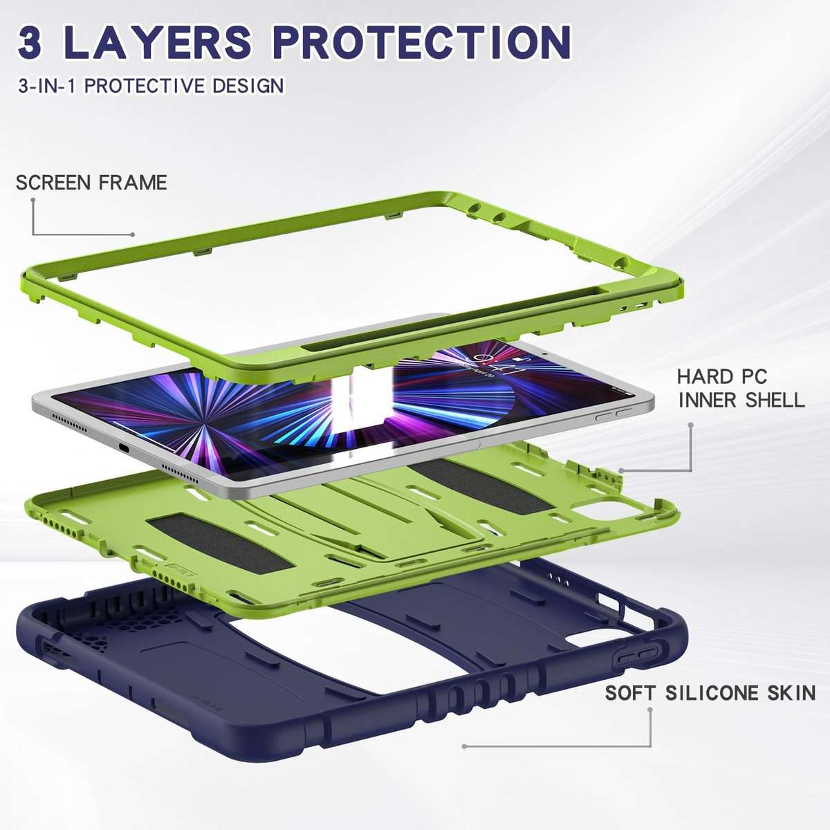 For iPad Pro 11 2022 / 2021 / 2020 / 2018 3-Layer Protection Screen Frame + PC ... (NavyBlue+Lime)