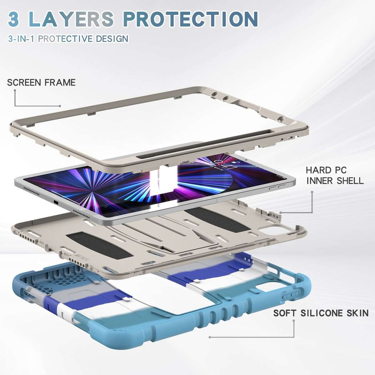 For iPad Pro 11 2022 / 2021 / 2020 / 2018 3-Layer Protection Screen Frame + PC ... (Colorful Blue)