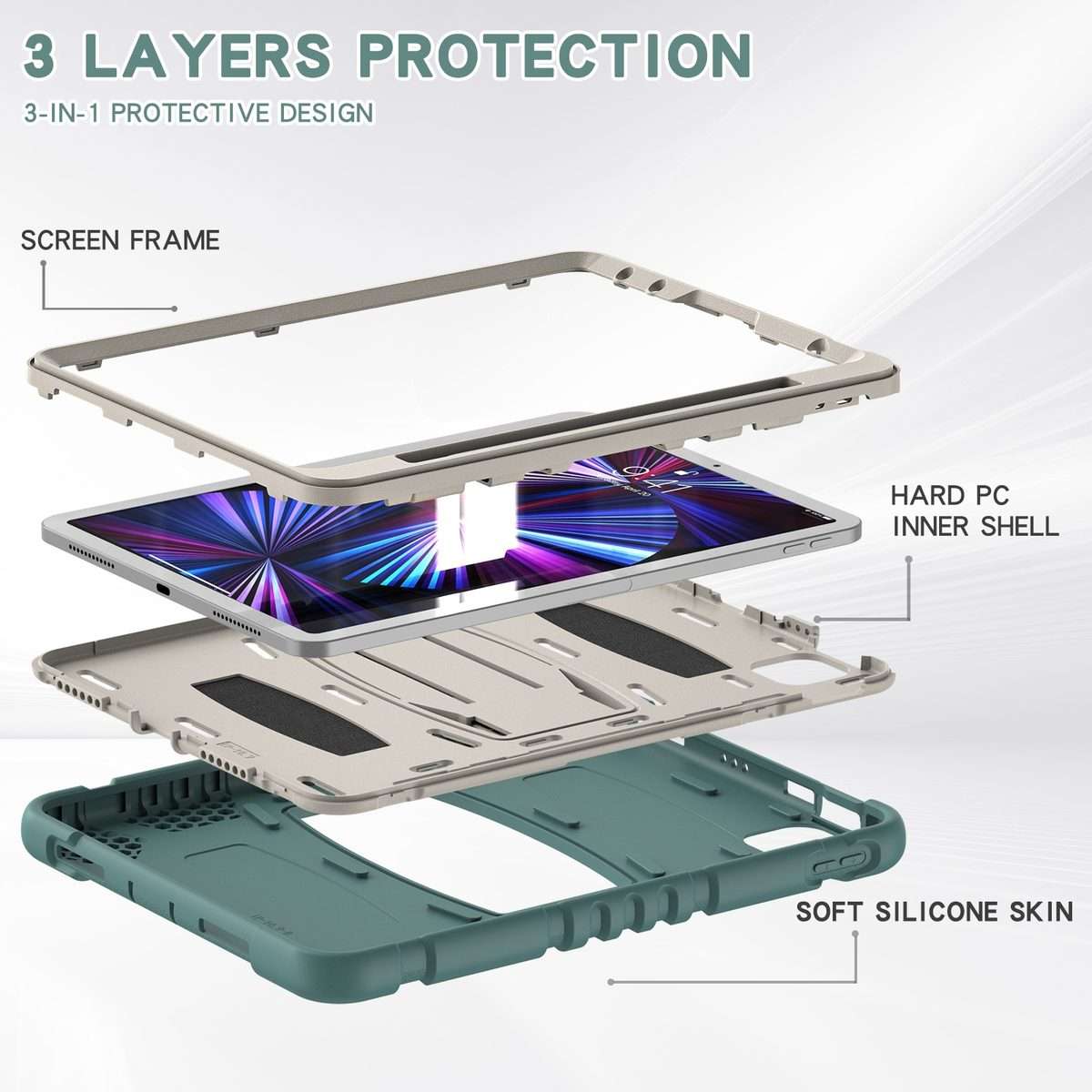 For iPad Pro 11 2022 / 2021 / 2020 / 2018 3-Layer Protection Screen Frame + PC ... (Emerald Green)