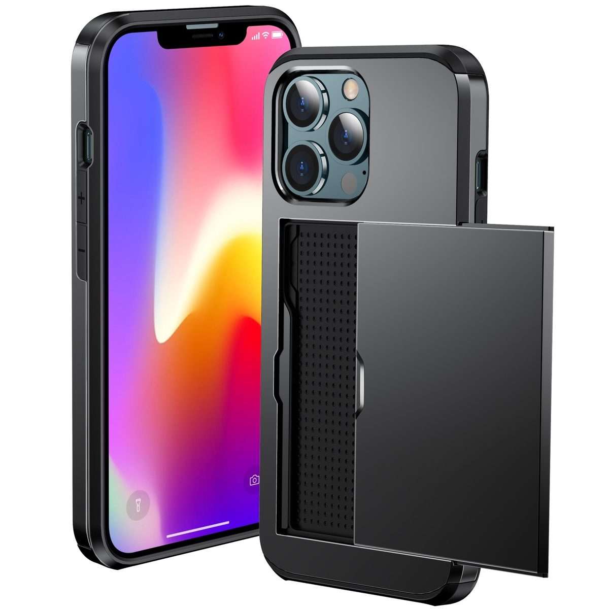 For iPhone 13 mini Shockproof Armor Protective Case with Slide Card Slot (Black)