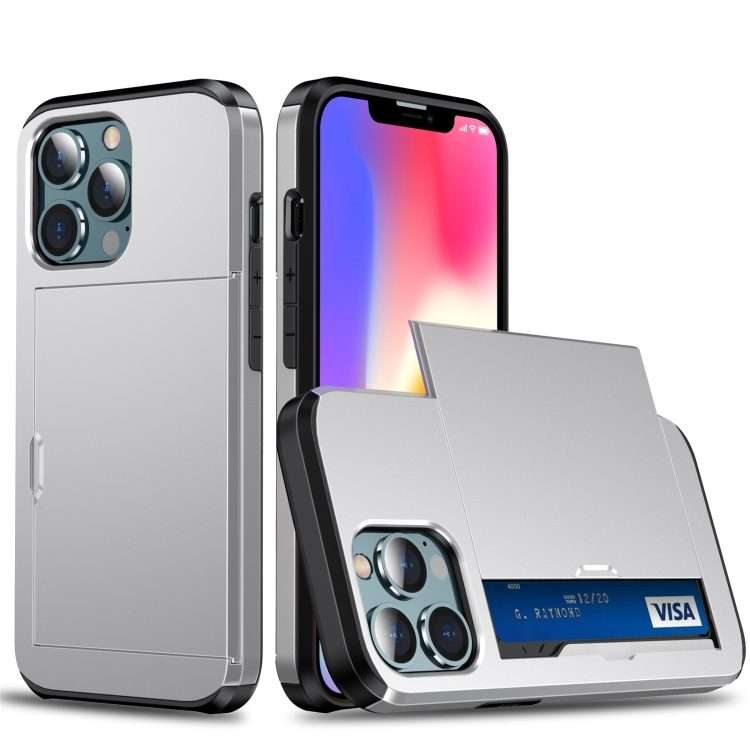 For iPhone 13 mini Shockproof Armor Protective Case with Slide Card Slot (Silver)