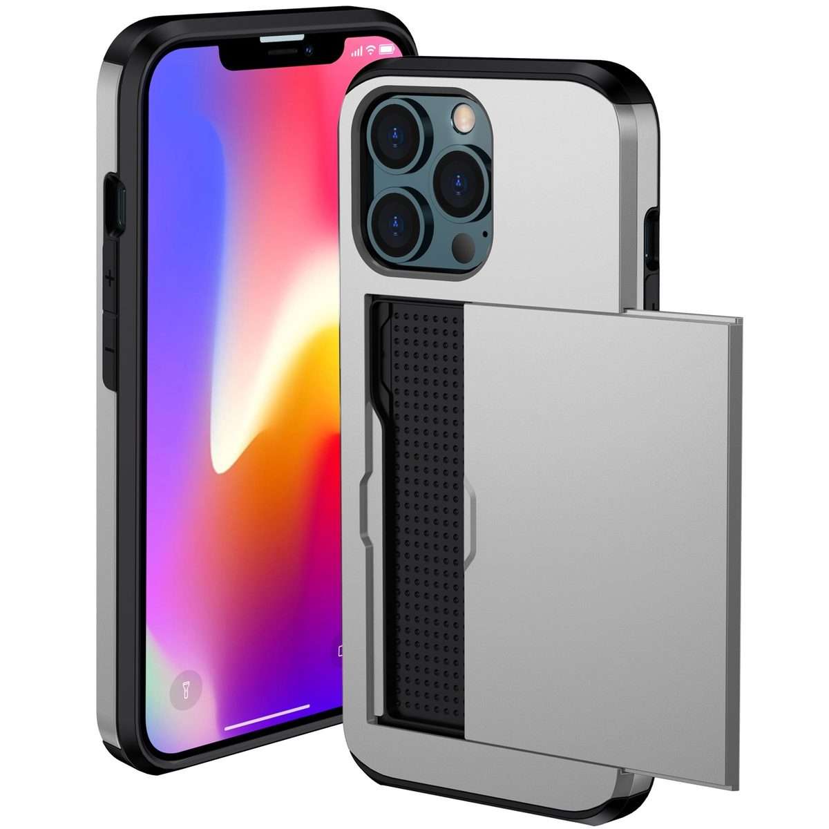 For iPhone 13 mini Shockproof Armor Protective Case with Slide Card Slot (Silver)