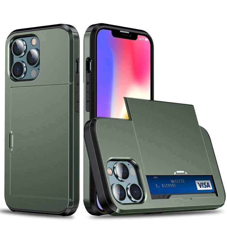 For iPhone 13 mini Shockproof Armor Protective Case with Slide Card Slot (Army Green)
