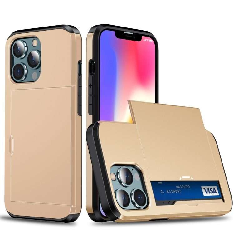 For iPhone 13 mini Shockproof Armor Protective Case with Slide Card Slot (Gold)