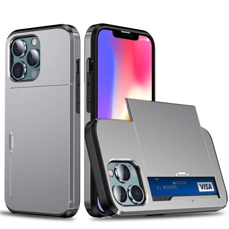 For iPhone 13 Shockproof Armor Protective Case with Slide Card Slot(Grey)