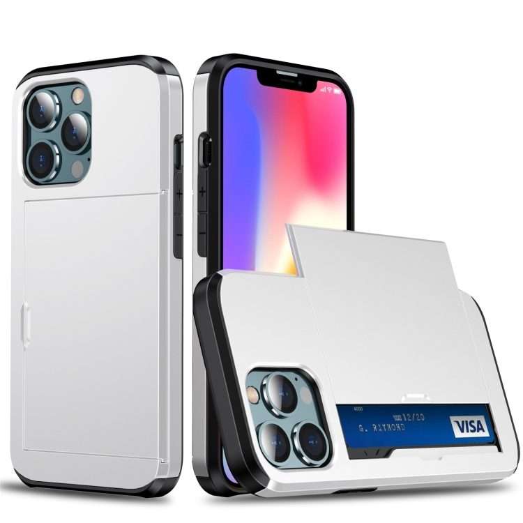 For iPhone 13 Shockproof Armor Protective Case with Slide Card Slot(White)