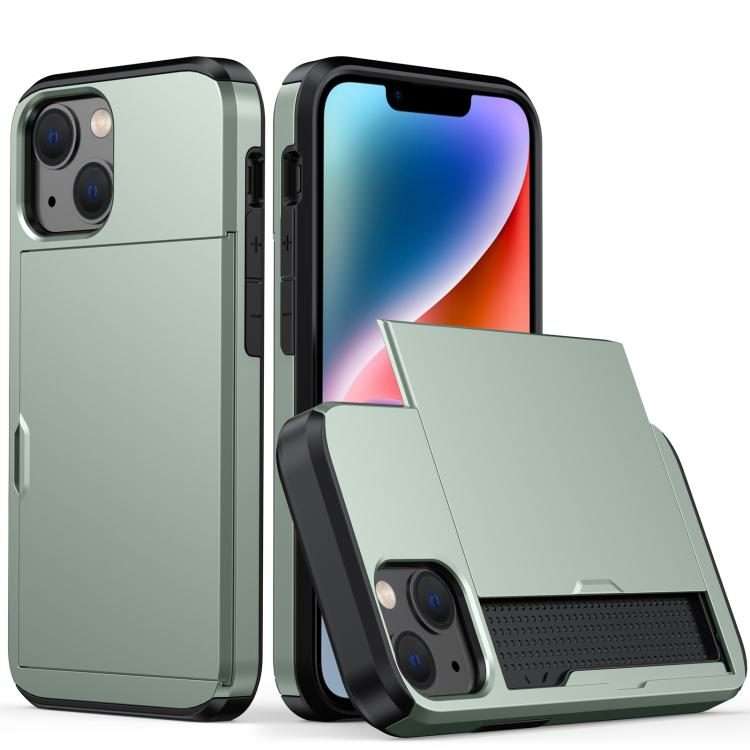 For iPhone 13 Shockproof Armor Protective Case with Slide Card Slot(Army Green)
