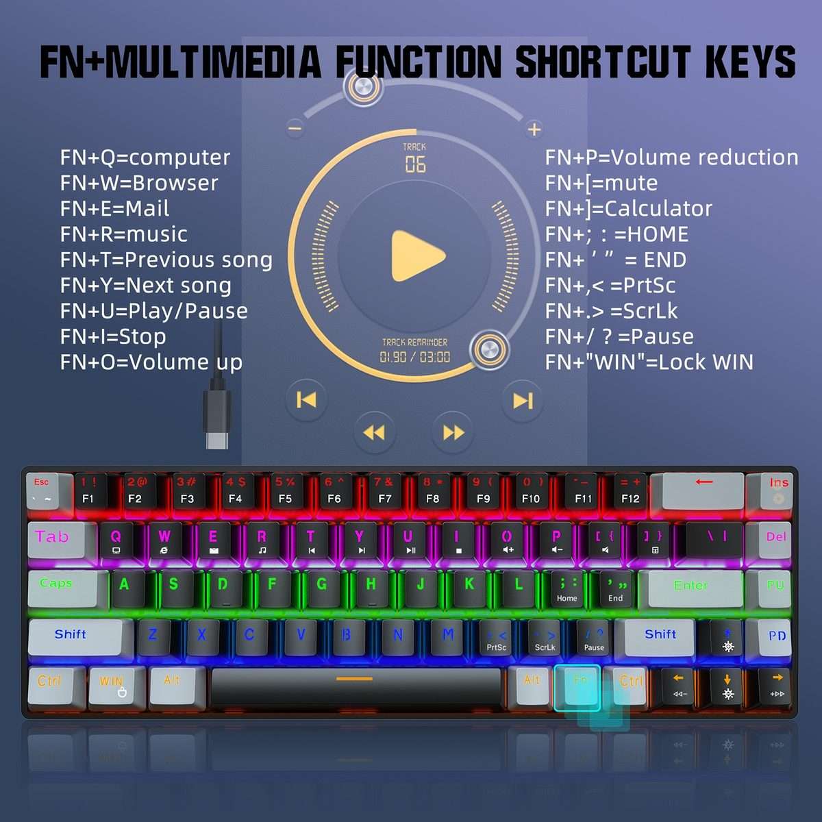 HXSJ V800 68 Keys Type-C Wired Cool Backlight Mechanical Keyboard(Blue Shaft)