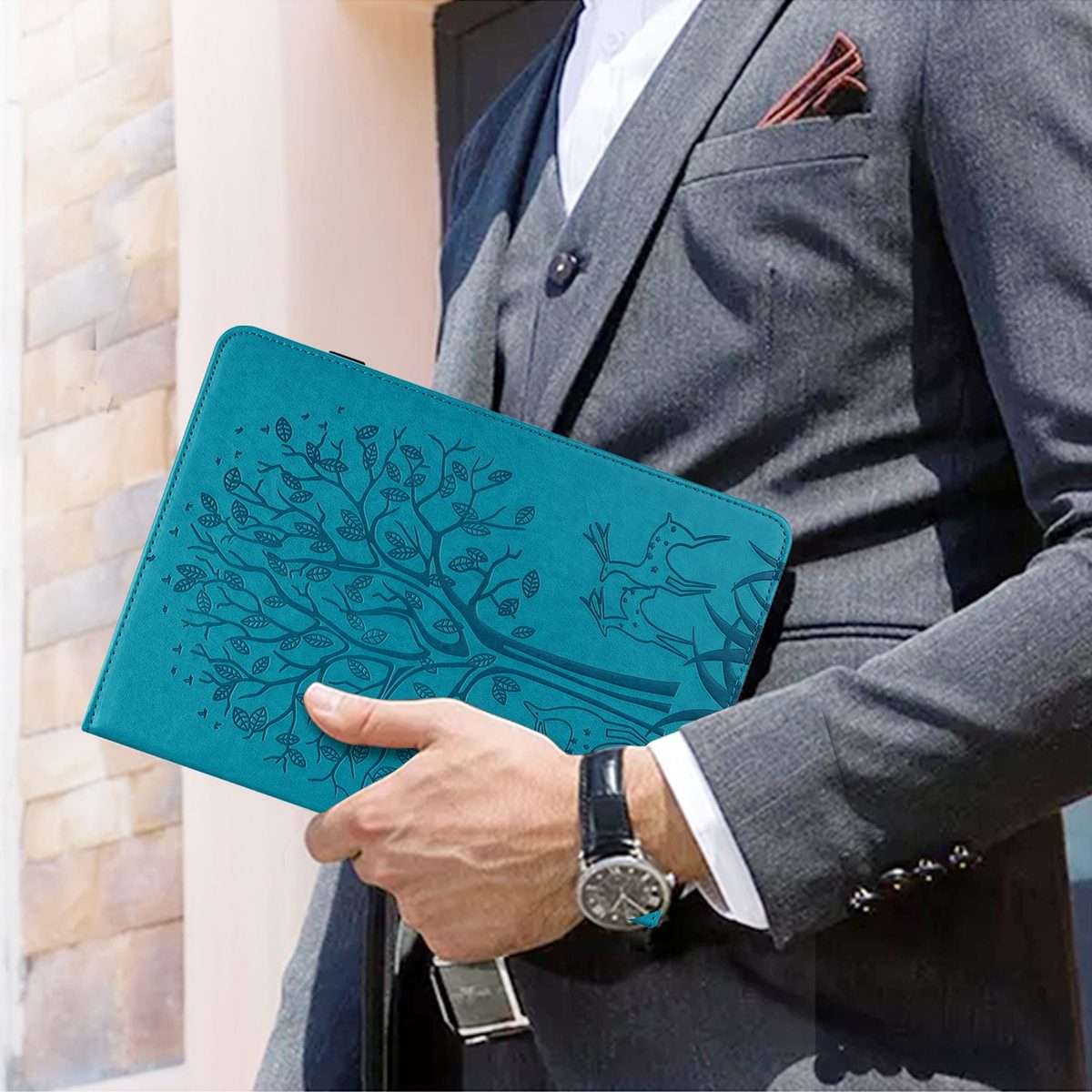For iPad Air 2020 / Pro 11 2020 Tree & Deer Pattern Pressed Printing Horizontal Flip PU ... (Blue)