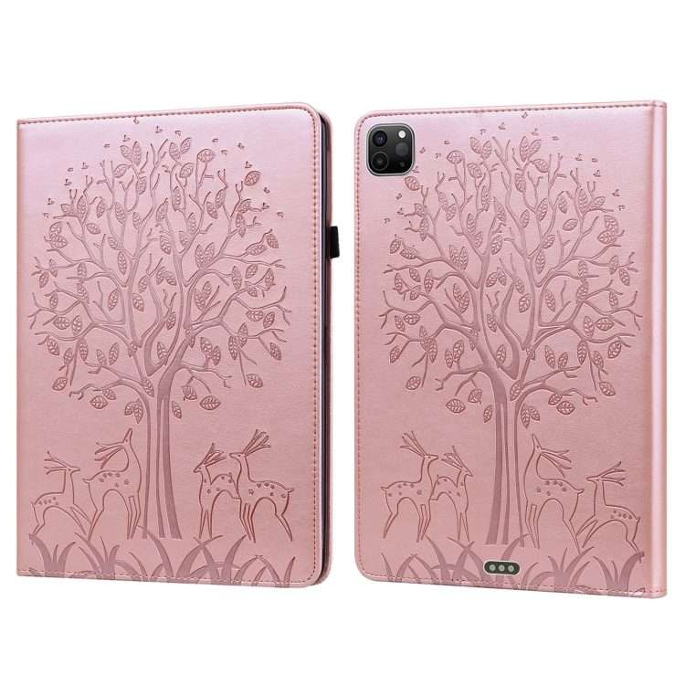 For iPad Air 2020 / Pro 11 2020 Tree & Deer Pattern Pressed Printing Horizontal Flip PU ... (Pink)