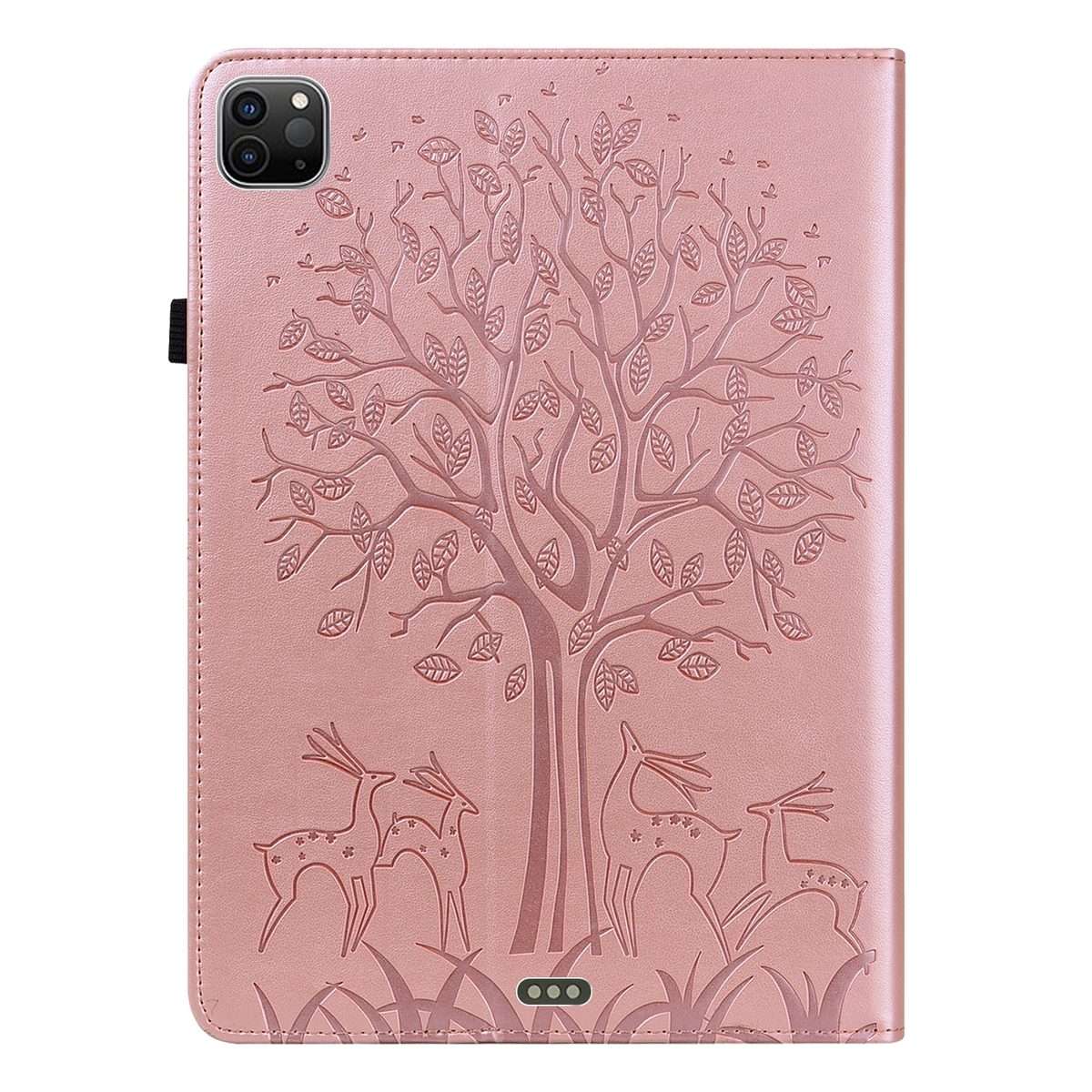 For iPad Air 2020 / Pro 11 2020 Tree & Deer Pattern Pressed Printing Horizontal Flip PU ... (Pink)