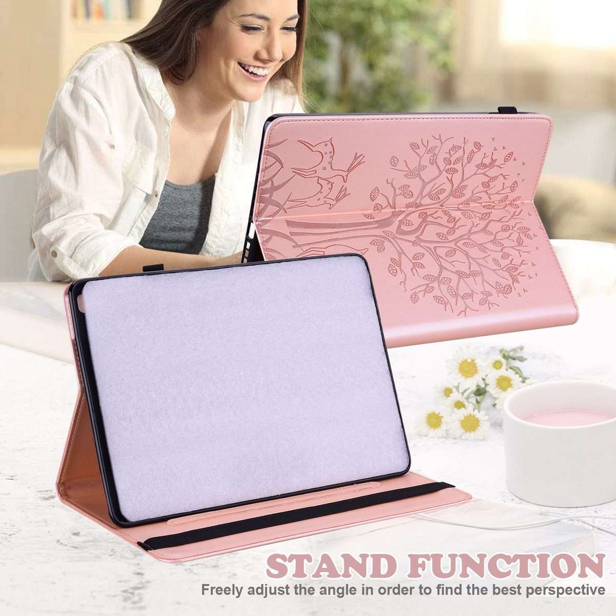 For iPad Air 2020 / Pro 11 2020 Tree & Deer Pattern Pressed Printing Horizontal Flip PU ... (Pink)
