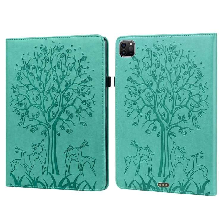 For iPad Air 2020 / Pro 11 2020 Tree & Deer Pattern Pressed Printing Horizontal Flip P ... (Green)