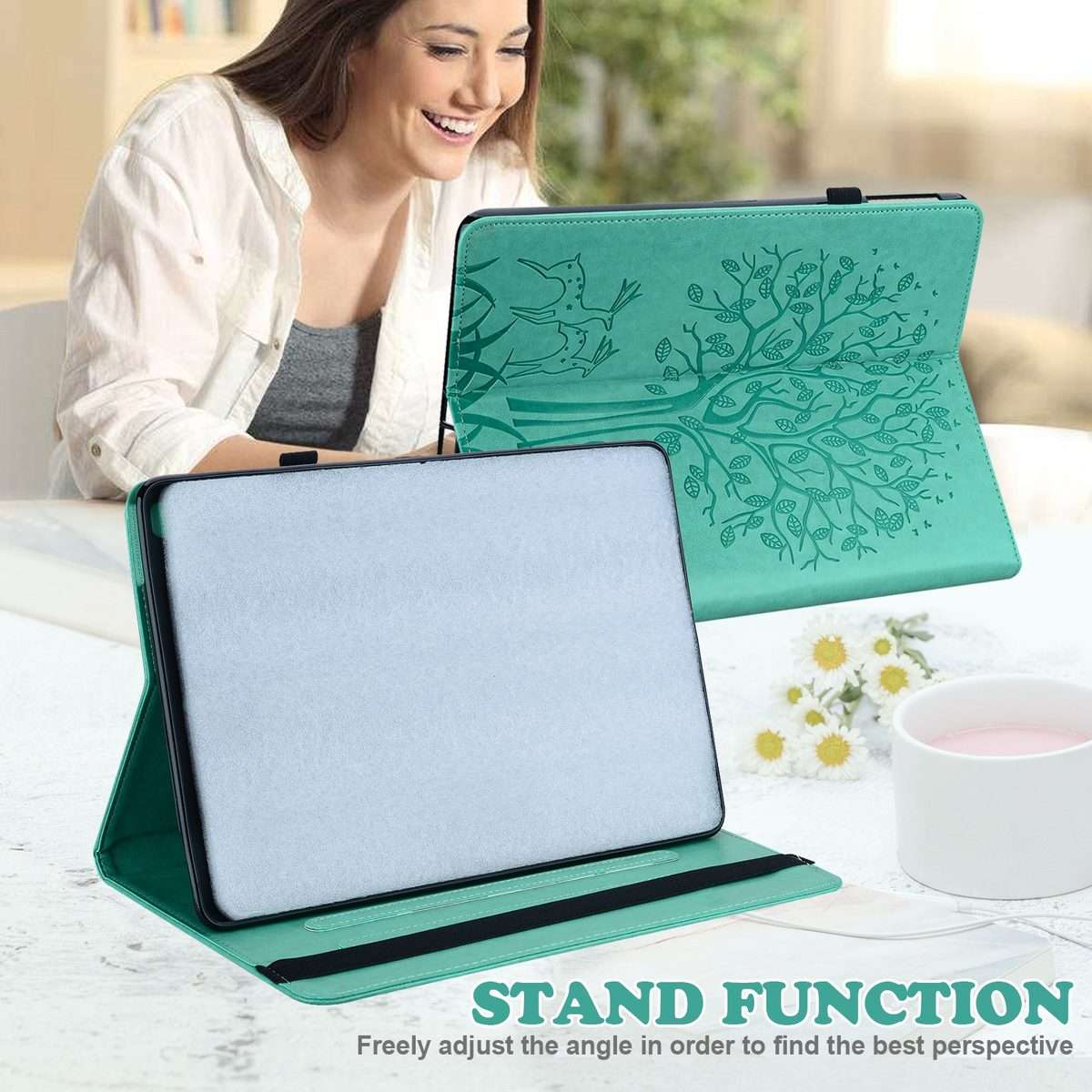 For iPad Air 2020 / Pro 11 2020 Tree & Deer Pattern Pressed Printing Horizontal Flip P ... (Green)