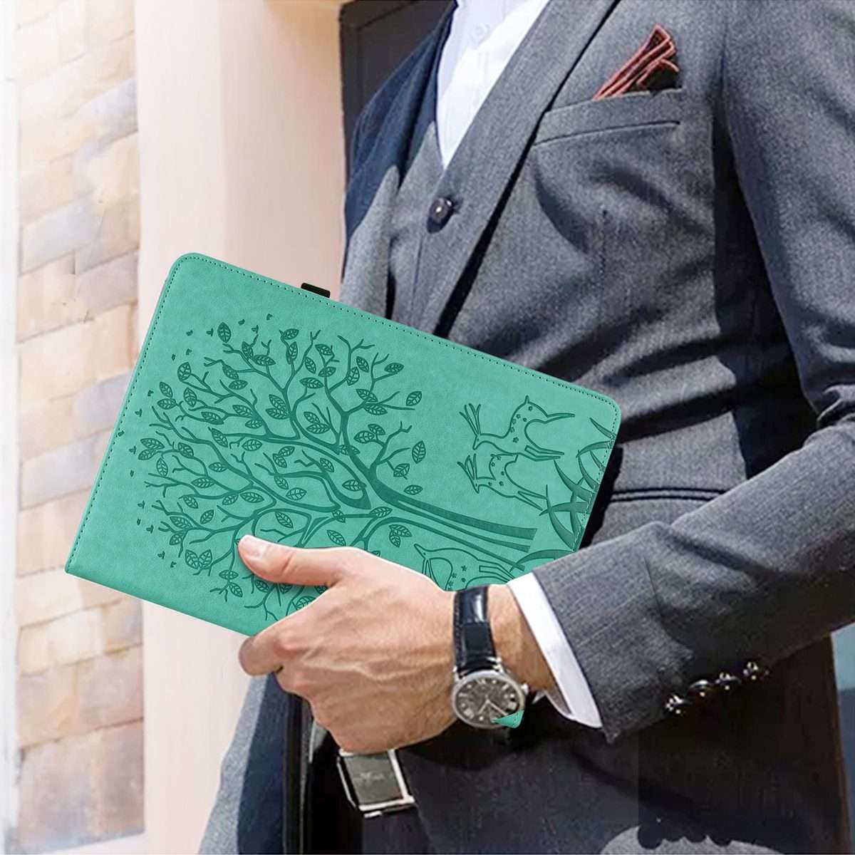 For iPad Air 2020 / Pro 11 2020 Tree & Deer Pattern Pressed Printing Horizontal Flip P ... (Green)