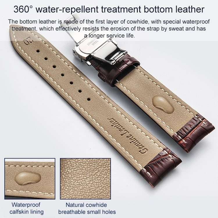18mm Classic Cowhide Leather Gold Butterfly Buckle Watch Band(Brown)