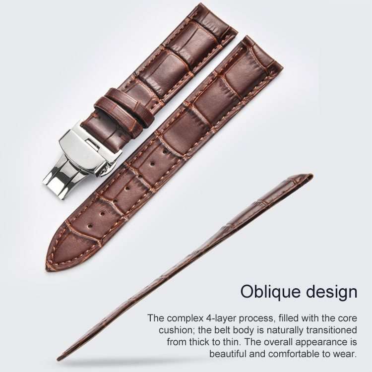22mm Classic Cowhide Leather Gold Butterfly Buckle Watch Band(Black)