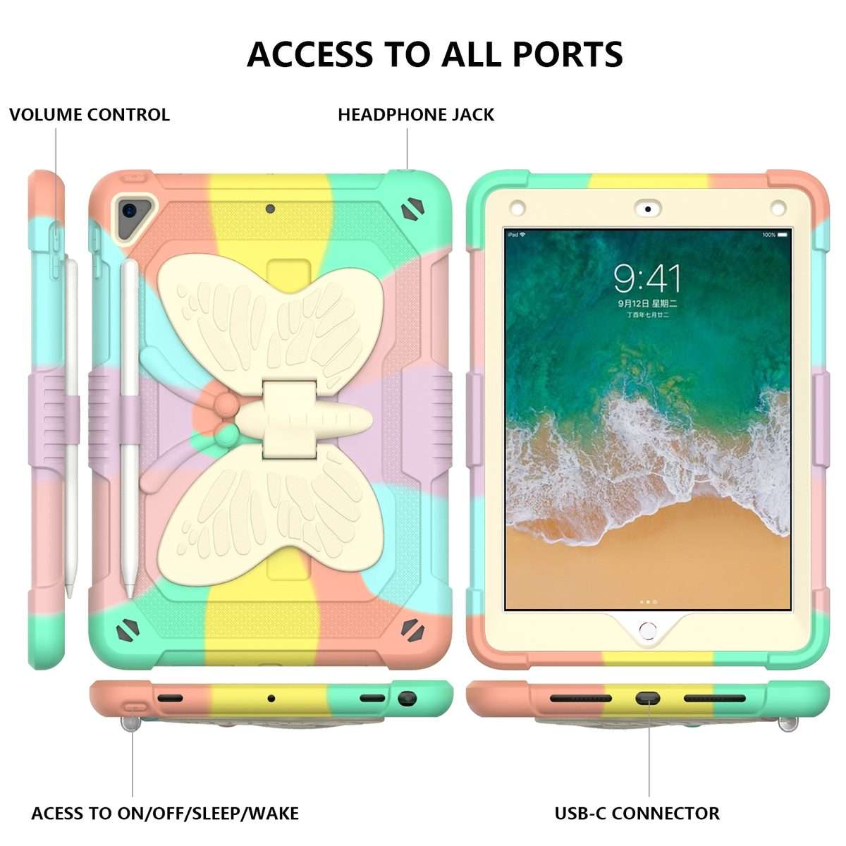 Beige PC + Silicone Anti-drop Protective Case with Butterfly Shape Holder ... (Colorful Rose Gold)