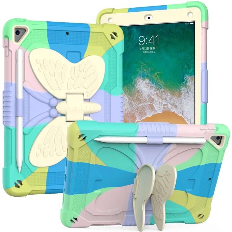 Beige PC + Silicone Anti-drop Protective Case with Butterfly Shape Holder & P ... (Colorful Green)