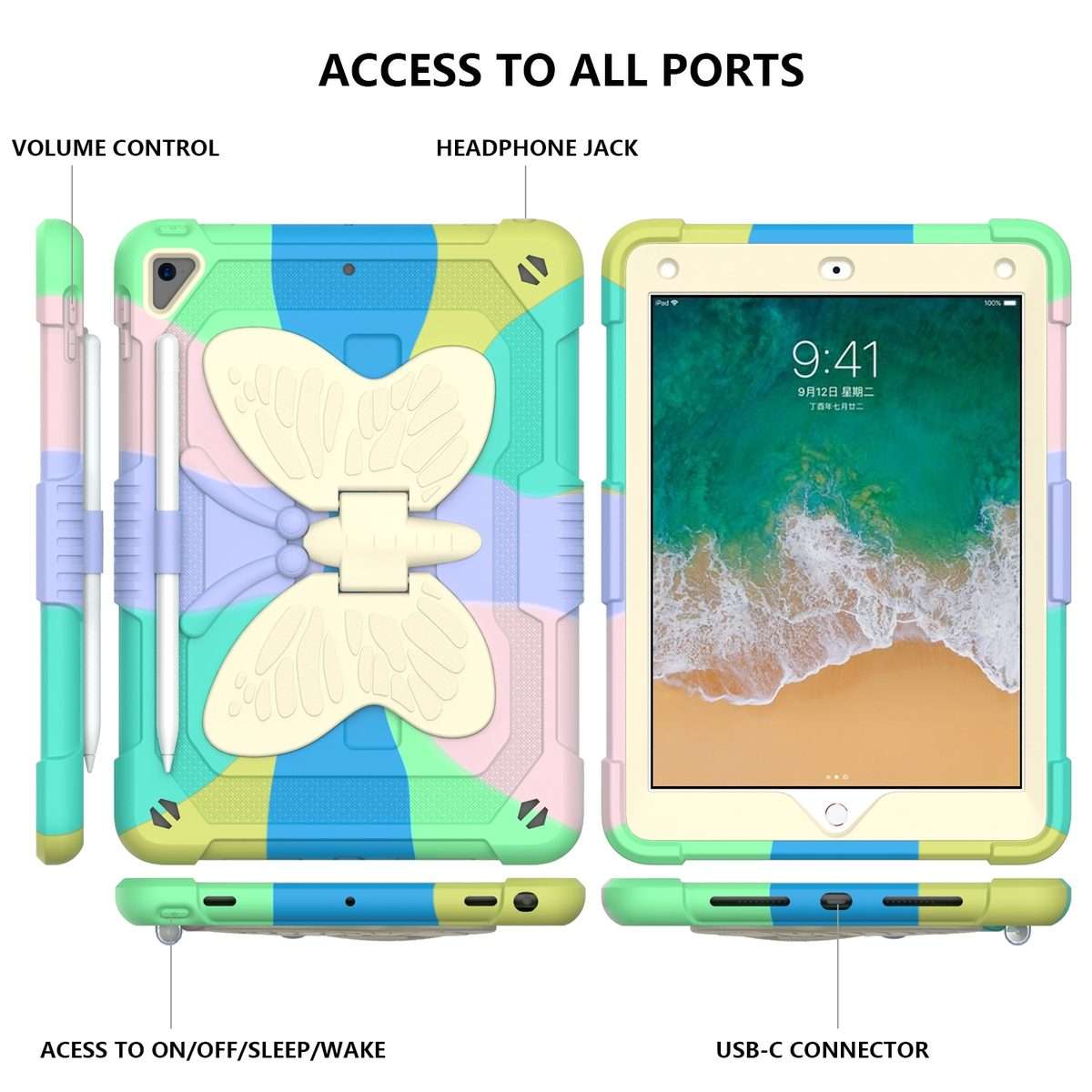 Beige PC + Silicone Anti-drop Protective Case with Butterfly Shape Holder & P ... (Colorful Green)