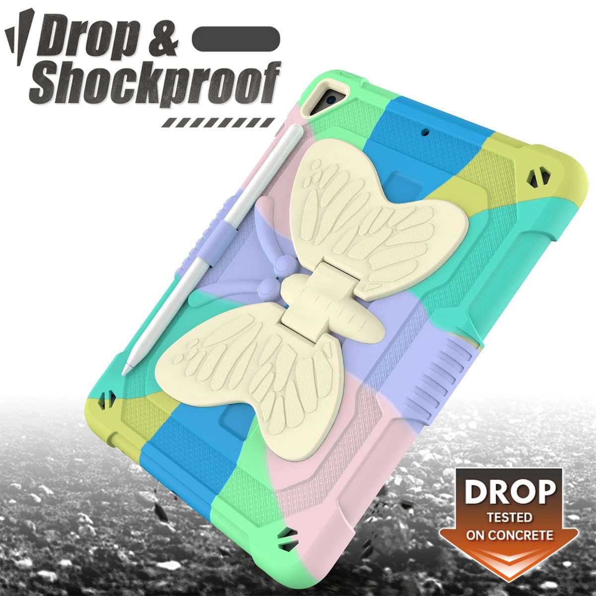 Beige PC + Silicone Anti-drop Protective Case with Butterfly Shape Holder & P ... (Colorful Green)